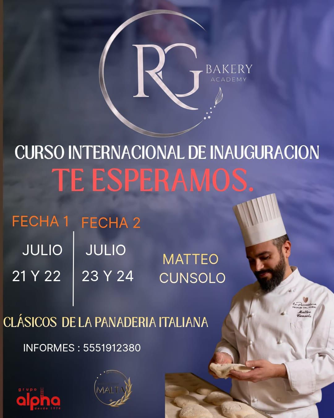 Locandina del Curso Internacional de Inauguración con Matteo Cunsolo per RG Bakery Academy.